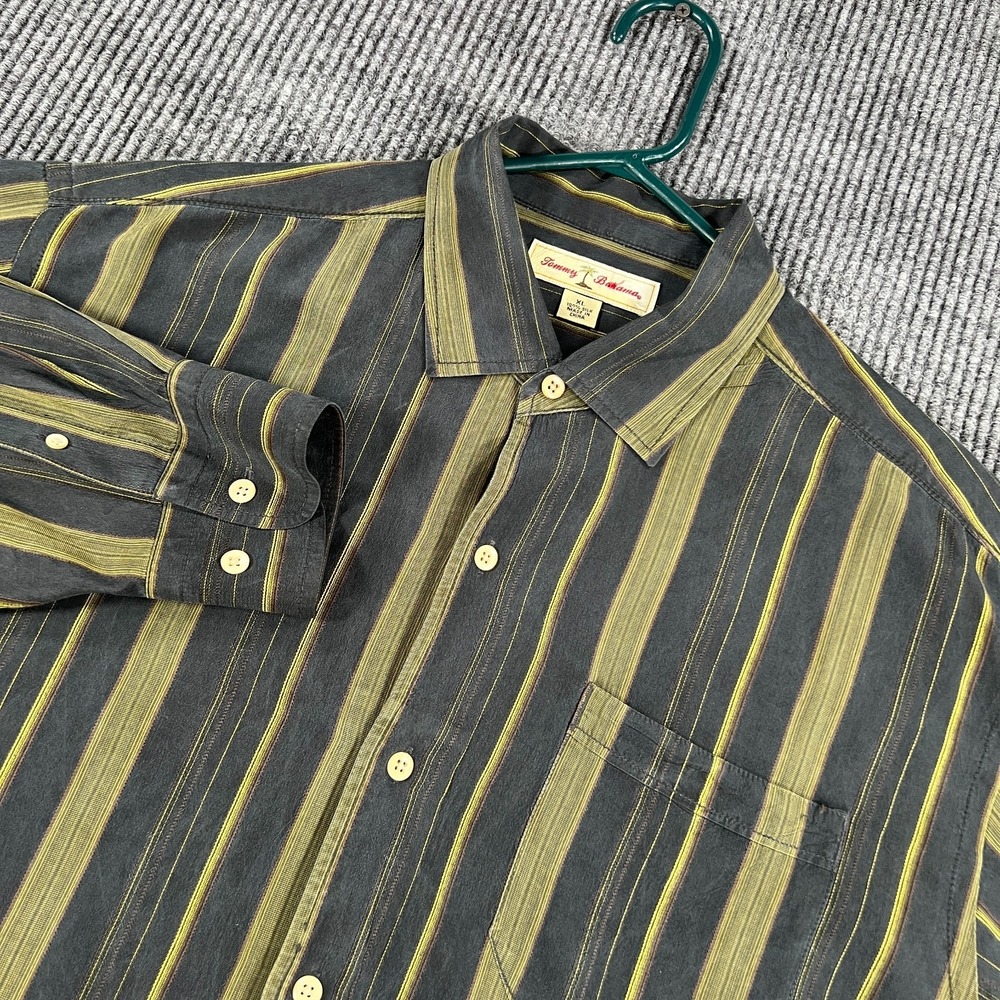 Tommy Bahama Shirt Mens XL Extra Large Green Striped Long Sleeve Button Up Silk